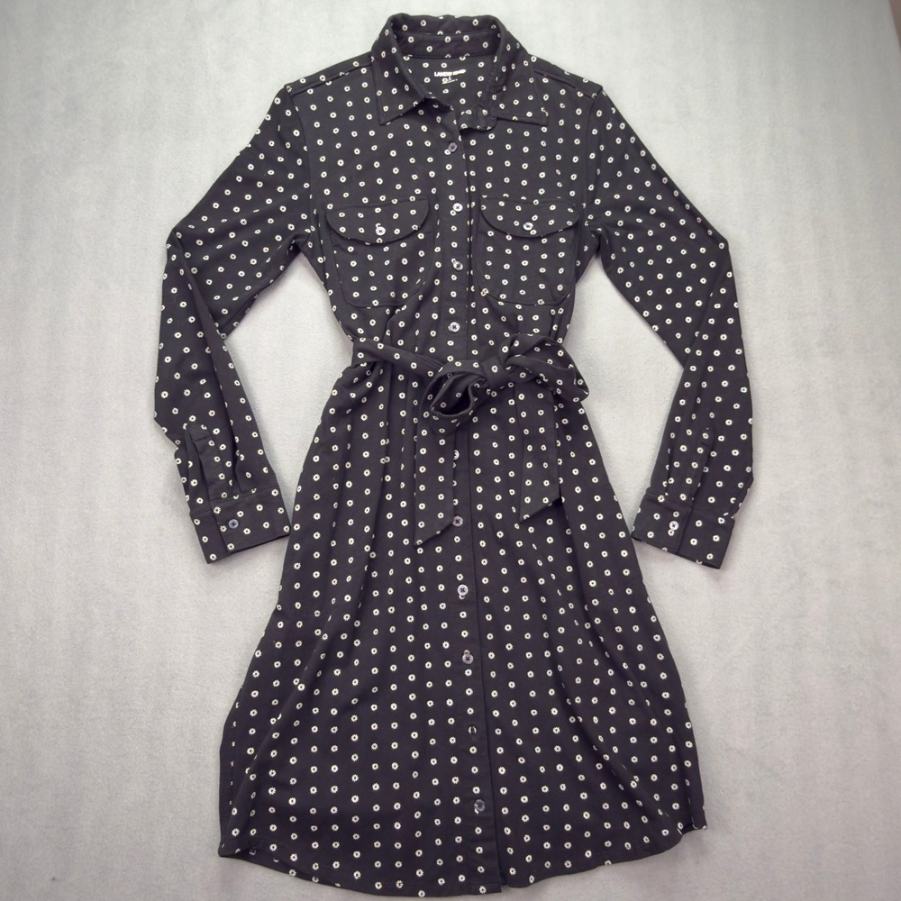 Lands End Shirt Dress Small Black Daisy Floral Long Sleeve Button Front Belted